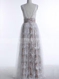 V Neckline Long Prom Dress,Tulle Lace Prom Dress,Floor Length Prom Dress with Open Back PD00009