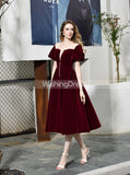 Velvet Homecoming Dress with Short Sleeves,Burgundy Tea Length Dress,PD00467