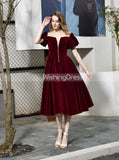 Velvet Homecoming Dress with Short Sleeves,Burgundy Tea Length Dress,PD00467