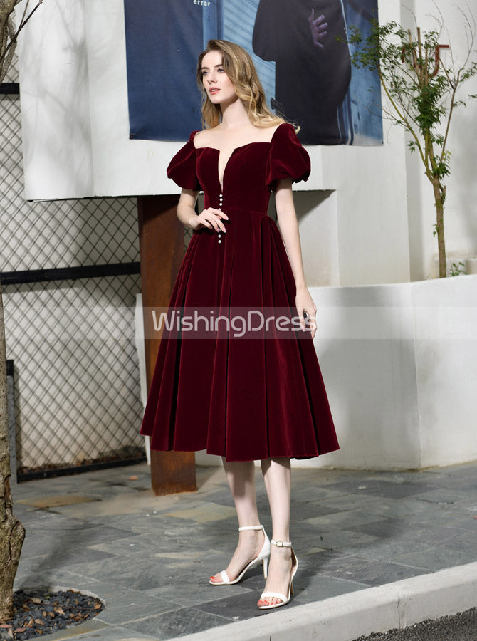 Velvet Homecoming Dress with Short Sleeves,Burgundy Tea Length Dress,PD00467, US2 / Burgundy Velvet Homecoming Dress with Short Sleeves,Burgundy Tea Length Dress,PD00467, US2 / Burgundy