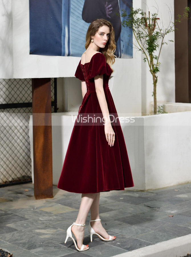 Velvet Homecoming Dress with Short Sleeves,Burgundy Tea Length Dress,PD00467, US2 / Burgundy Velvet Homecoming Dress with Short Sleeves,Burgundy Tea Length Dress,PD00467, US2 / Burgundy
