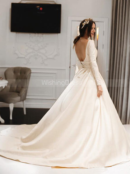 Vintage A-line Wedding Dress with Sleeves,Open Back Satin Wedding Dress,WD00358