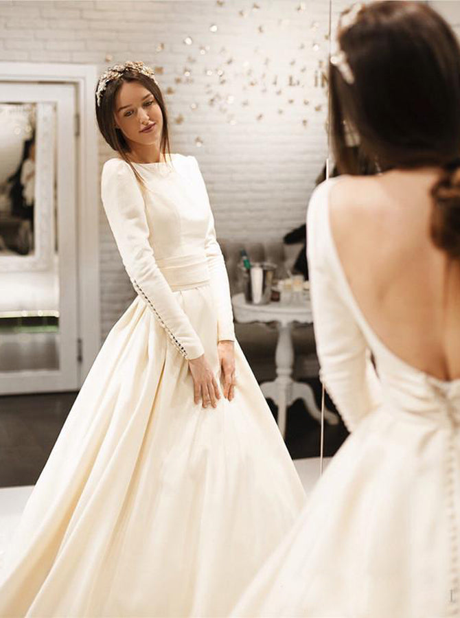 Vintage A-line Wedding Dress with Sleeves,Open Back Satin Wedding Dres