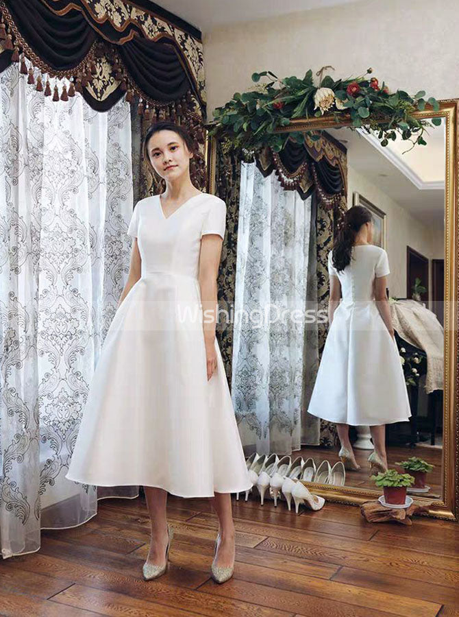 Vintage Satin Wedding Dresses,Tea Length Wedding Dress with Short Slee