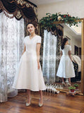 Vintage Satin Wedding Dresses,Tea Length Wedding Dress with Short Sleeves,WD00438