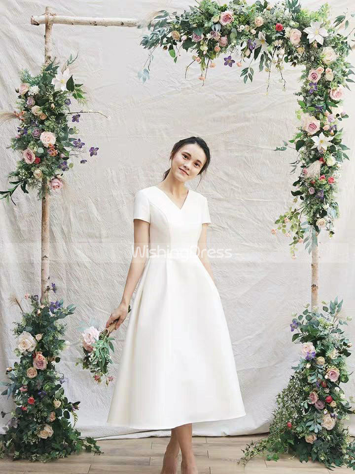 Vintage Satin Wedding Dresses,Tea Length Wedding Dress with Short Sleeves,WD00438, US8 / Ivory Vintage Satin Wedding Dresses,Tea Length Wedding Dress with Short Sleeves,WD00438, US8 / Ivory