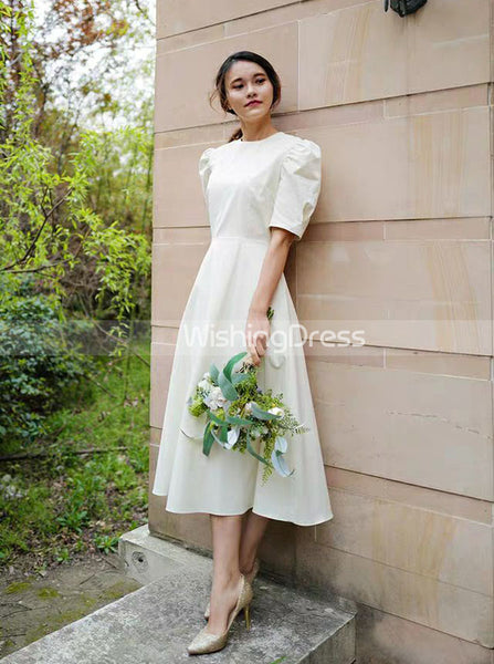 Vintage Tea Length Wedding Dresses,High Neck Satin Wedding Dress,WD00442