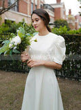 Vintage Tea Length Wedding Dresses,High Neck Satin Wedding Dress,WD00442