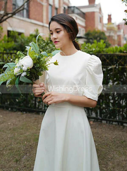 Vintage Tea Length Wedding Dresses,High Neck Satin Wedding Dress,WD00442