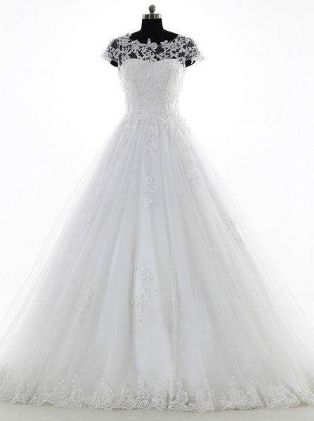 Vintage Wedding Dress,Cap Sleeves Bridal Dress,Tulle Bridal Dress,Appliques Wedding Dress,WD00003