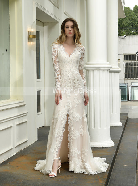 Vintage Wedding Dress with Long Sleeves,Lace Bridal Dress with Slit,WD00491