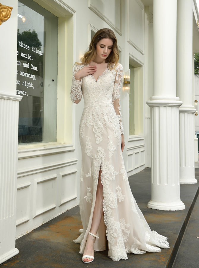 Vintage Wedding Dress with Long Sleeves,Lace Bridal Dress with Slit,WD00491 US6 / Picture Color