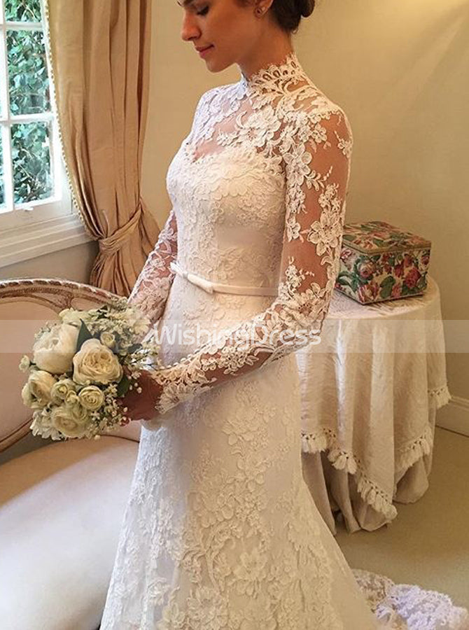 Vintage Wedding Dress with Long Sleeves Lace Modest Wedding Dress WD00 Wishingdress