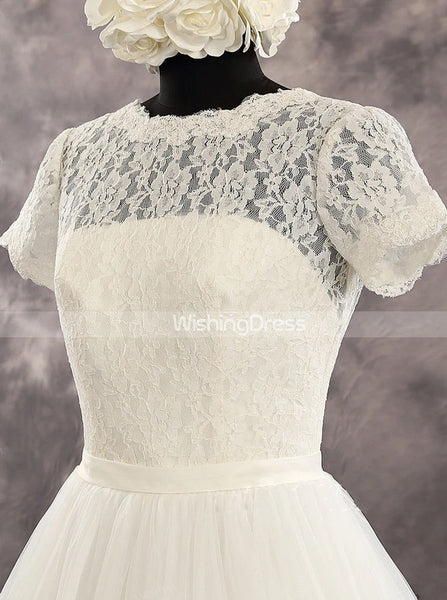 Vintage Wedding Dress with Short Sleeves,Elegant Bridal Dress Floor Length,WD00537