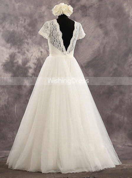 Vintage Wedding Dress with Short Sleeves,Elegant Bridal Dress Floor Length,WD00537
