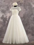 Vintage Wedding Dress with Short Sleeves,Elegant Bridal Dress Floor Length,WD00537