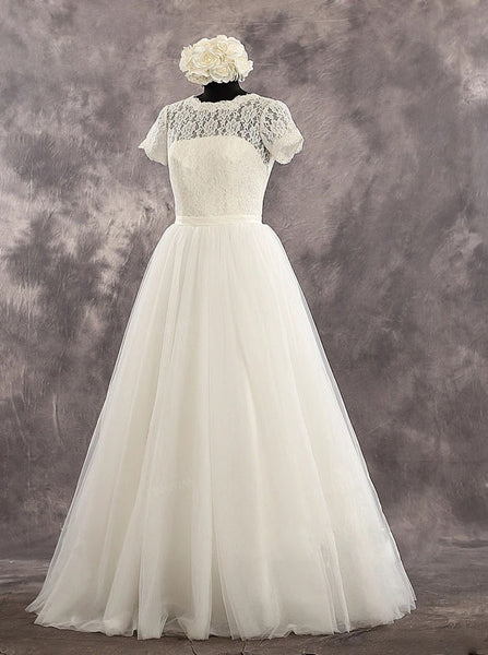 Vintage Wedding Dress with Short Sleeves,Elegant Bridal Dress Floor Length,WD00537