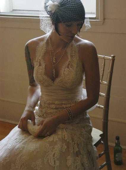 Vintage Wedding Dresses,Lace Wedding Dress,Backless Wedding Dress,Sweep Train Bridal Dress,WD00058