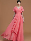 WaterMelon Bridesmaid Dresses,Long Chiffon Bridesmaid Dress,Bridesmaid Dress with Sleeves,BD00258