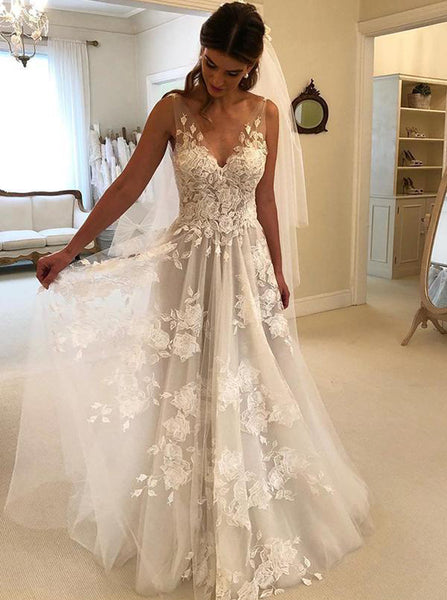 Illusion Wedding Dresses,Tulle Bridal Dress Open Back,WD00345