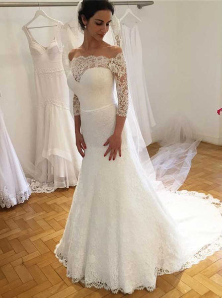 Mermaid Off Shoulder Bridal Dress,Wedding Dress with Sleeves,Lace Bridal Gown,WD00078