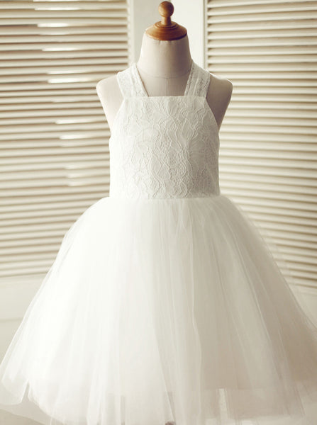 White Ball Gown Flower Girl Dress,Knee Length Flower Girl Dress,FD00099