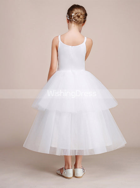 White Ball Gown Junior Bridesmaid Dress,Tulle Tea Length Flower Girl Dress,JB00029