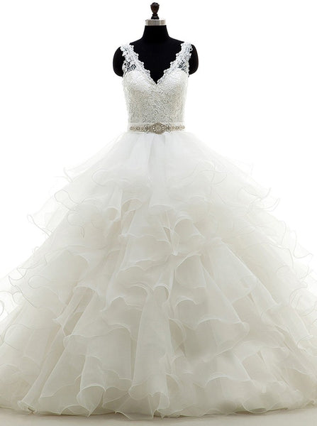 White Ball Gown,Ruffled Organza Wedding Dress,Backless Wedding Gowns,Princess Wedding Dress,WD00006