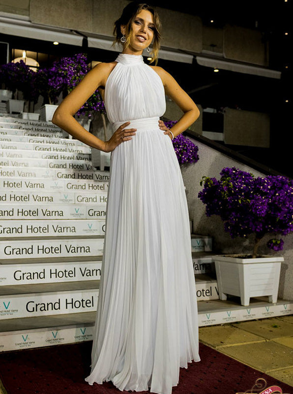 White Chiffon Long Prom Dress,Halter Elegant Bridesmaid Dress,Simple E