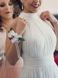 White Chiffon Long Prom Dress,Halter Elegant Bridesmaid Dress,Simple Evening Dress PD00137