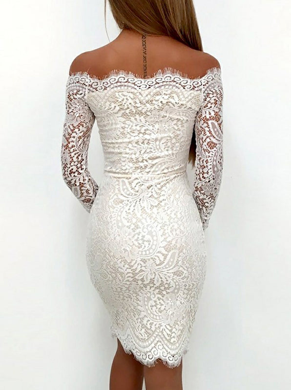 white cocktail dresses Women's Elegant Lace Dress Slim Fit Bell Long Sleeve Ruffle Trim Party Mini Dress : Clothing, Shoes & Jewelry shoulder neckline and cross straps add a sexy yet sophisticated touch White Cocktail & Party Dresses