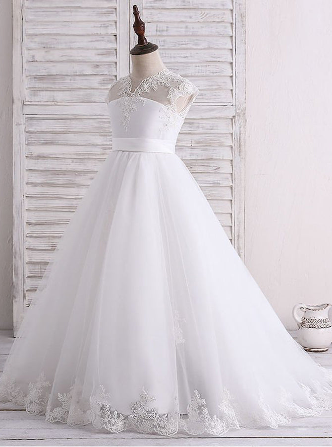 White Flower Girl Dress,First Communion Dress with Train,FD00127