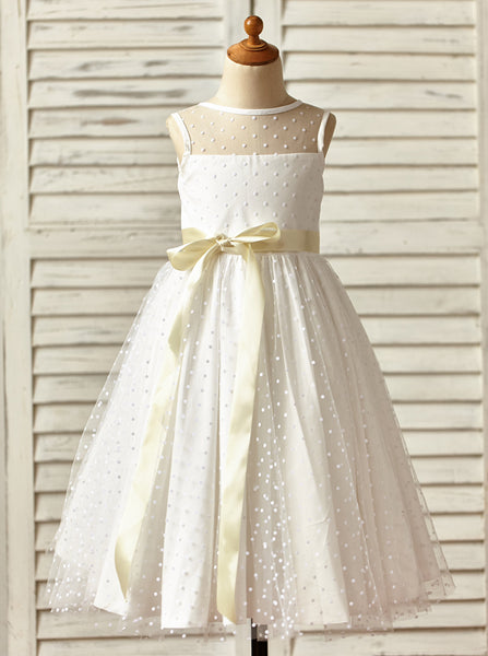 White Flower Girl Dress with Sash,Tea Length Flower Girl Dress,FD00074