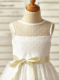 White Flower Girl Dress with Sash,Tea Length Flower Girl Dress,FD00074