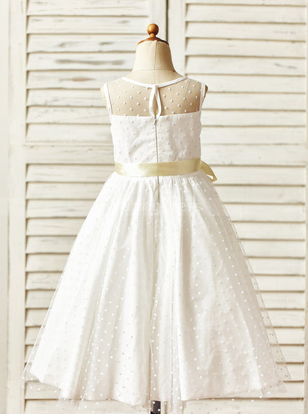 White Flower Girl Dress with Sash,Tea Length Flower Girl Dress,FD00074
