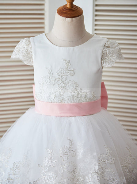 White Flower Girl Dresses with Cap Sleeves,Princess Flower Girl Dress,FD00070