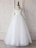 White Junior Bridesmaid Dress with Sleeves,Long Flower Girl Dress,JB00018
