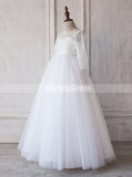 White Junior Bridesmaid Dress with Sleeves,Long Flower Girl Dress,JB00018