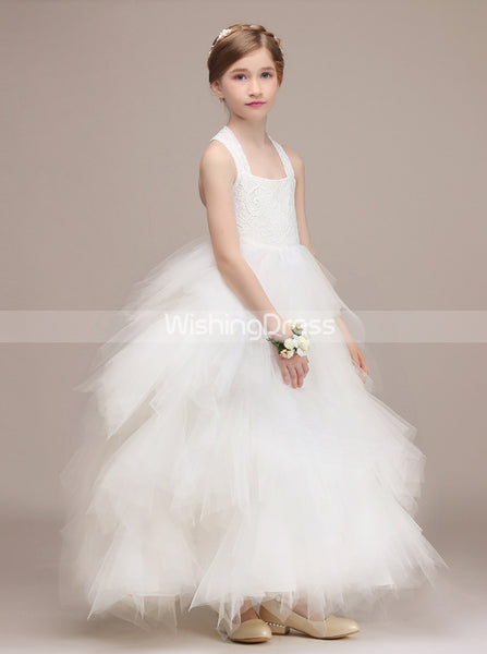 White Junior Bridesmaid Dresses,Tulle Junior Party Dress,Luxury Junior