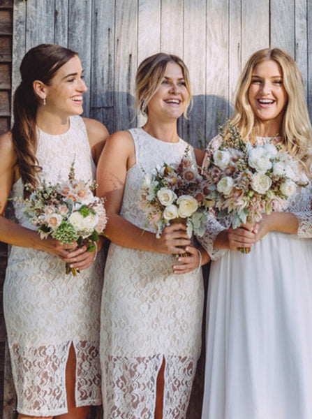 White Lace Bridesmaid Dress,Short Bridesmaid Dress,Vintage Bridesmaid Dress,BD00057
