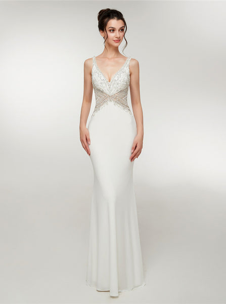 White Mermaid Evening Dresses,Jersey Long Prom Dresses,PD00386