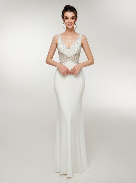 White Mermaid Evening Dresses,Jersey Long Prom Dresses,PD00386