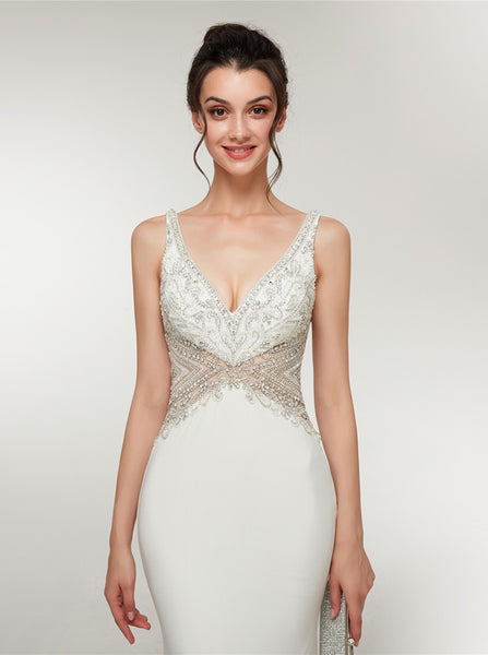 White Mermaid Evening Dresses,Jersey Long Prom Dresses,PD00386