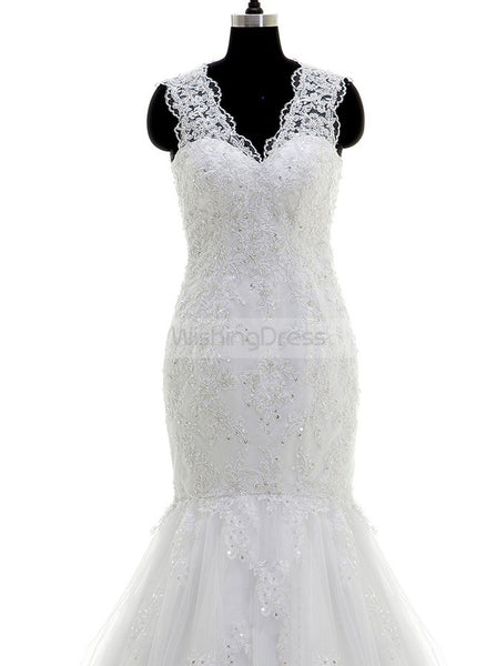 White Mermaid Wedding Dresses,Lace Wedding Dress,Vintage Wedding Dress,WD00043