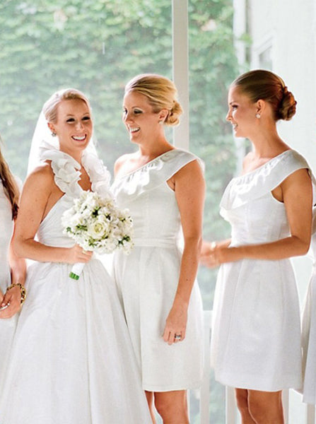 White One Shoulder Bridesmaid Dress,Short Bridesmaid Dress,Knee Length Bridesmaid Dress,BD00063