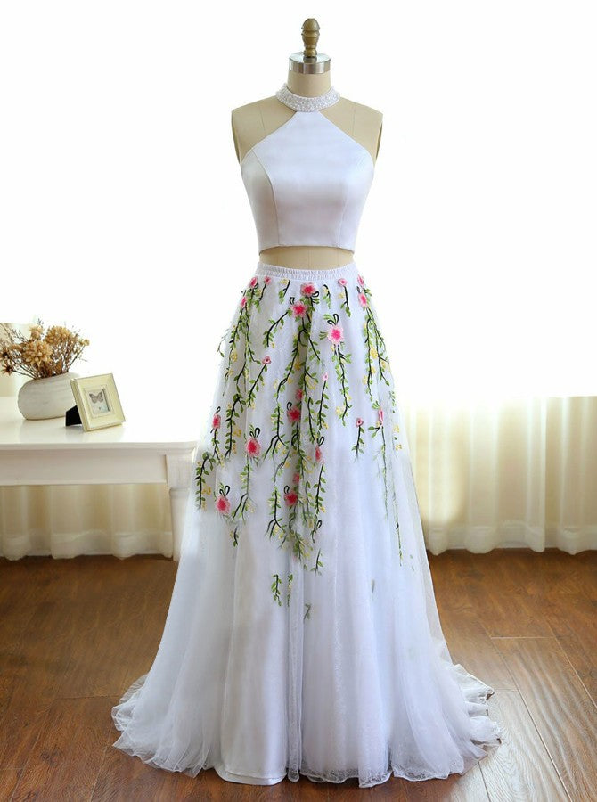 White Prom Dresses,Two Piece Prom Dress,Prom Dress for Teens,Floral Pr