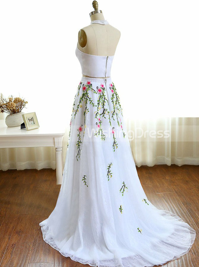 White Prom Dresses,Two Piece Prom Dress,Prom Dress for Teens,Floral Pr