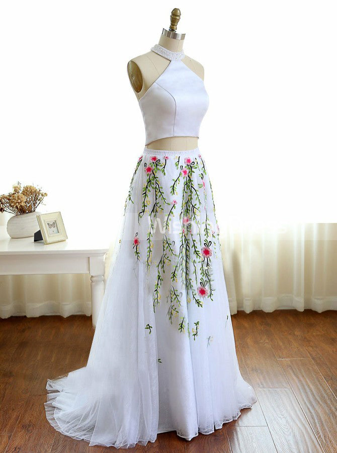 White Prom Dresses,Two Piece Prom Dress,Prom Dress for Teens,Floral Prom Dress,PD00218 Custom Size / Picture Color