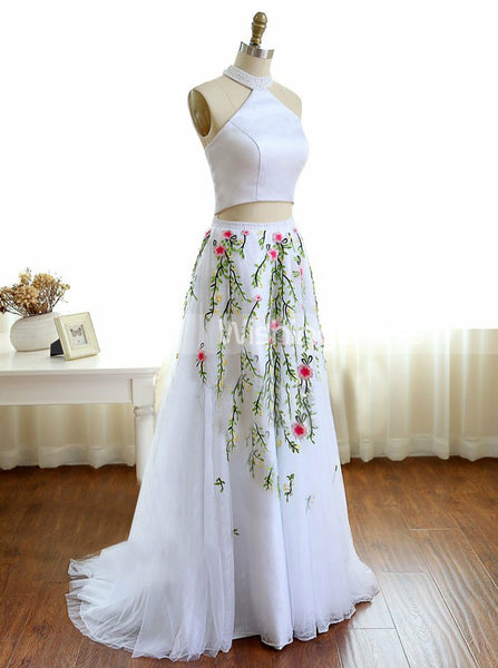White Prom Dresses,Two Piece Prom Dress,Prom Dress for Teens,Floral Prom Dress,PD00218