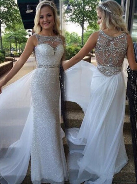 White Sequined Prom Dress,Fitted Long Prom Dress,Elegant Evening Dress PD00027